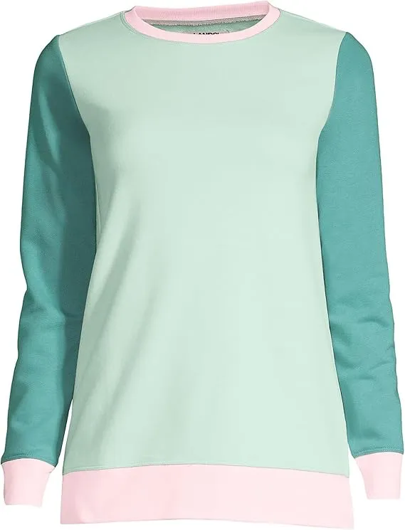 Lands' End Women's Long Sleeve Sweatshirt Tunic Soft Sea Green Color block Regular