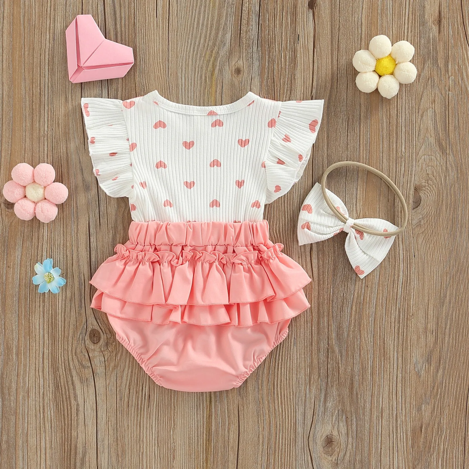 Layette - Pink Heart Pattern Romper Set