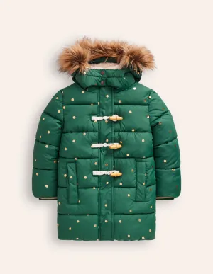 Longline Padded Coat-Jewel Green Gold Foil Confetti