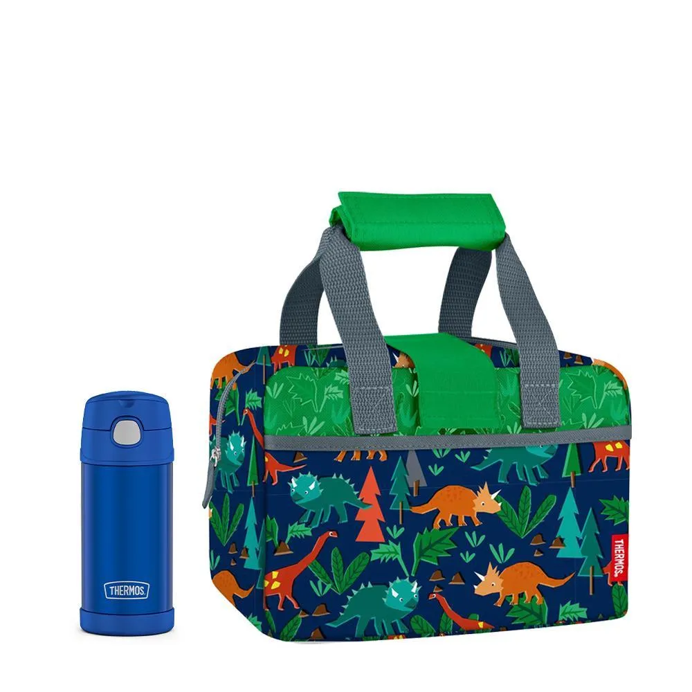 LUNCH DUFFLE WITH 12oz. SOLID BOTTLE WOODLAND DINO