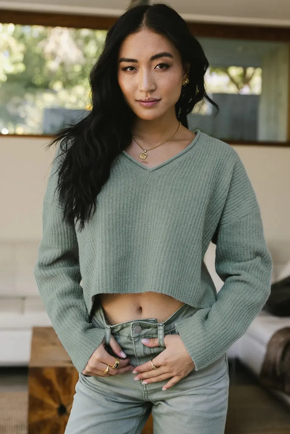 Lyra V-Neck Sweater in Sage