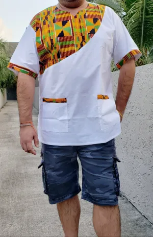 Men Tunic Shirt / Kente Accent- White