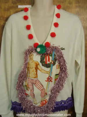 Mens Hottie Guy Ugly Christmas Sweater Pullover with Fluffy Fringe