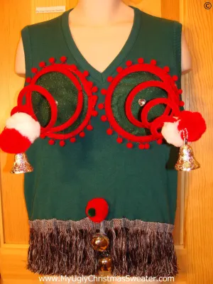 Mens Naughty Tacky Ugly Christmas Sweater Vest with Funny Springy 3D Accents and Fringe and Dangling Balls Jingle Bells (r26)