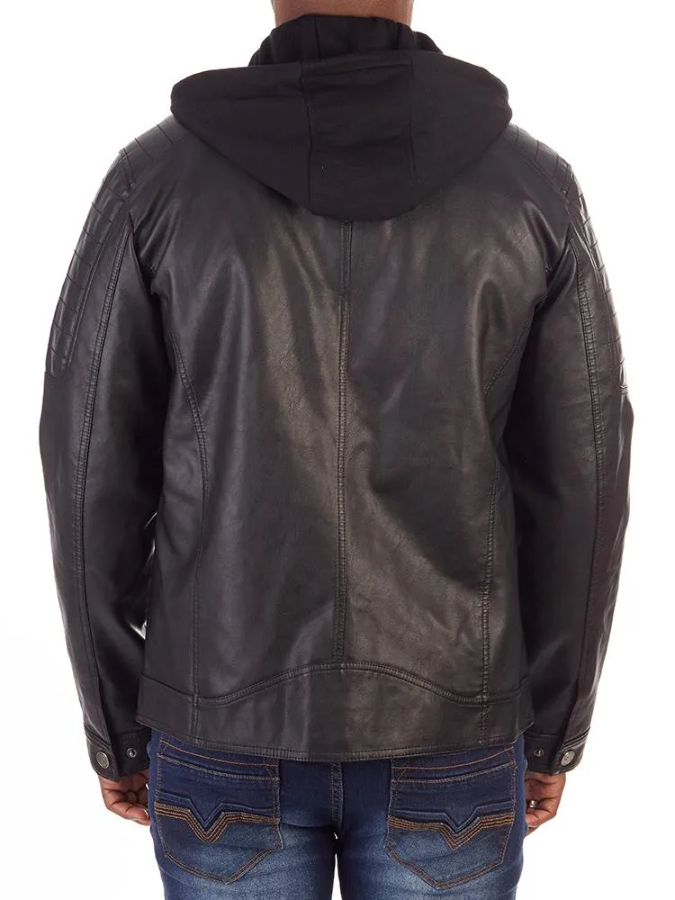 MEN'S PREMIUM FAUX LEATHER SHORT JACKET WITH REMOVABLE HOOD | XMLJ-58042