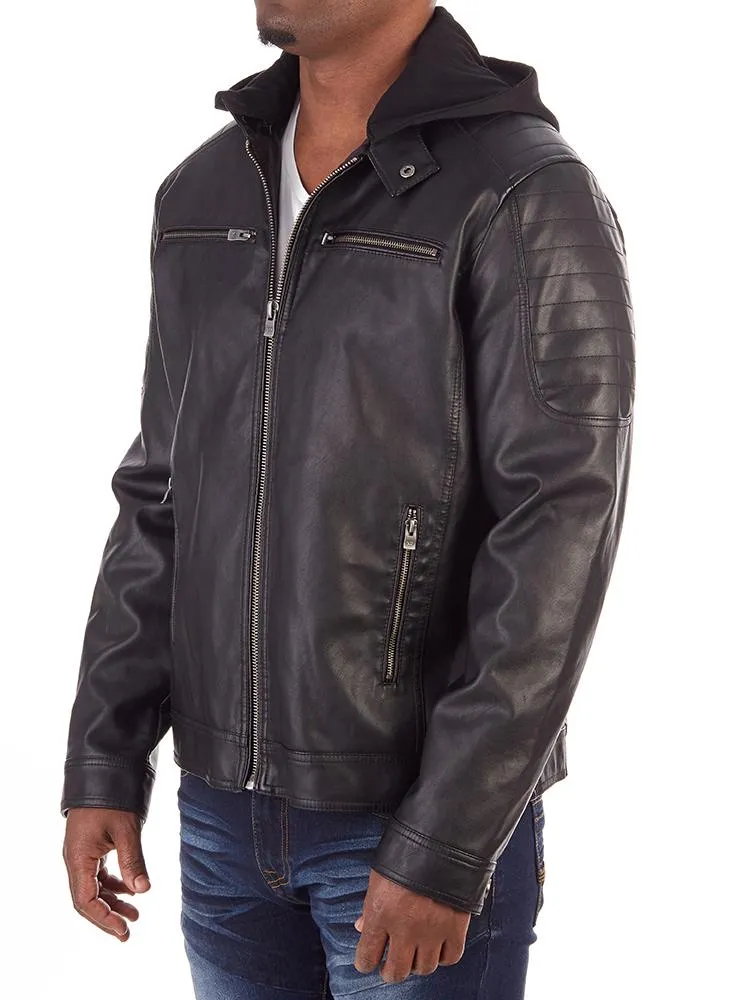 MEN'S PREMIUM FAUX LEATHER SHORT JACKET WITH REMOVABLE HOOD | XMLJ-58042