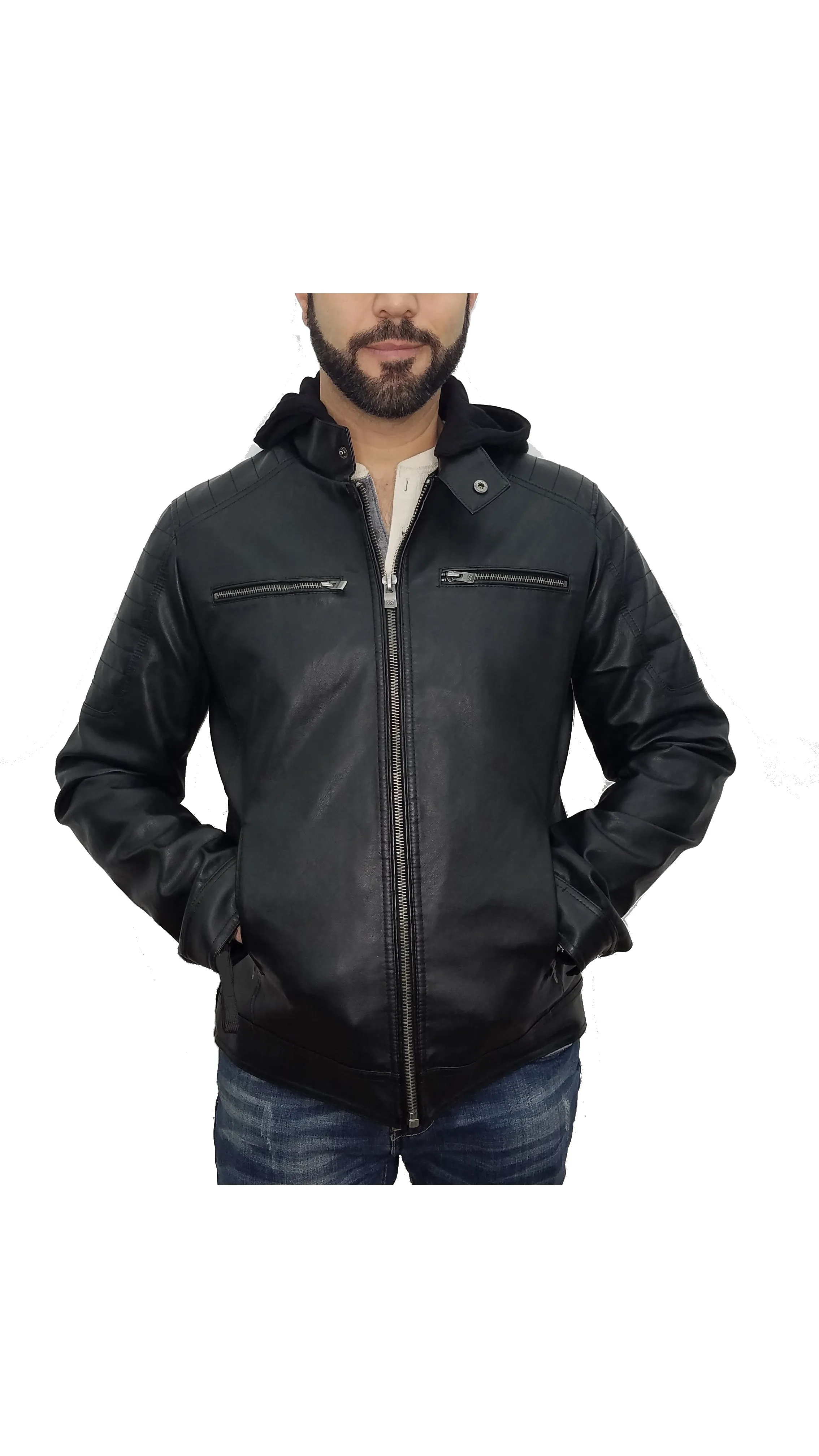 MEN'S PREMIUM FAUX LEATHER SHORT JACKET WITH REMOVABLE HOOD | XMLJ-58042