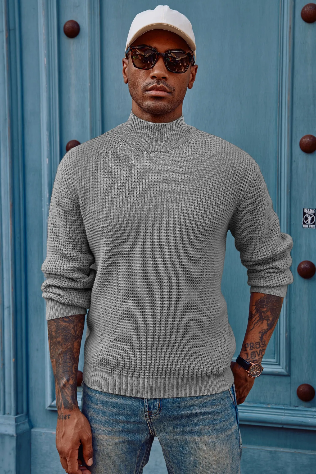 Mock Neck Sweaters Waffle Cable Knit Pullover Sweater