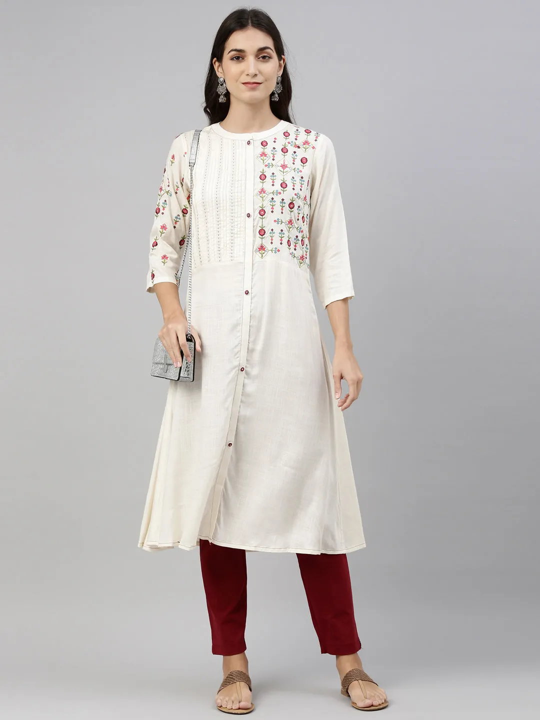 Neeru's Cream Color Slub Riyon Fabric Tunic