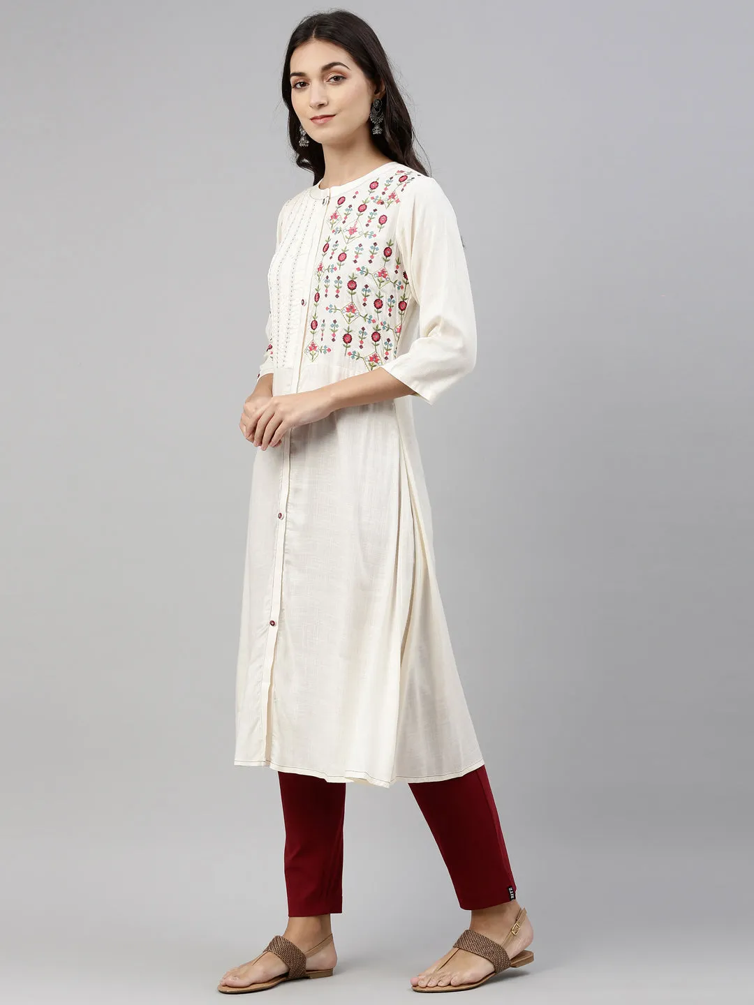 Neeru's Cream Color Slub Riyon Fabric Tunic