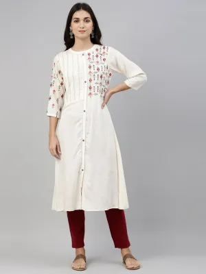 Neeru's Cream Color Slub Riyon Fabric Tunic