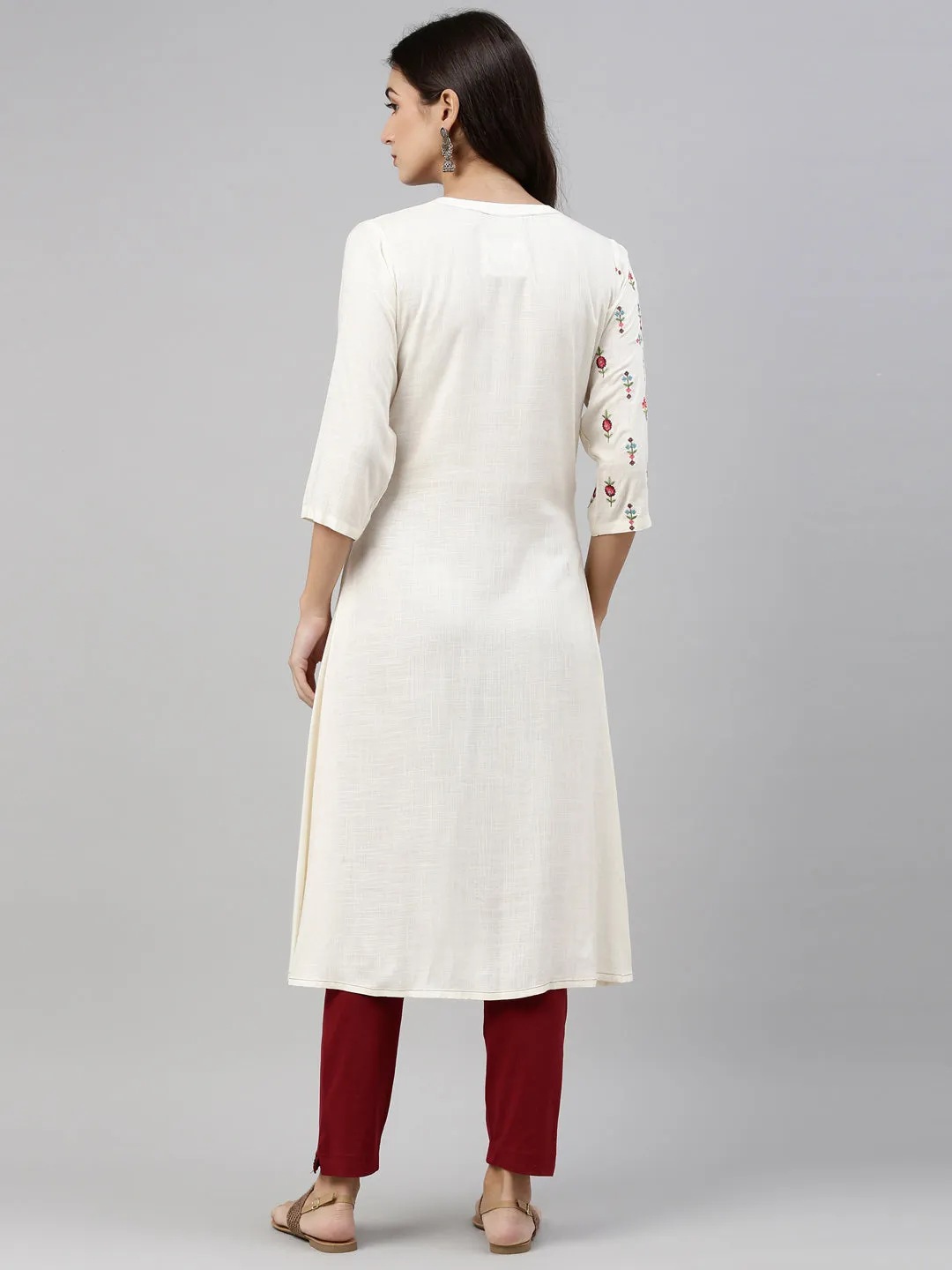 Neeru's Cream Color Slub Riyon Fabric Tunic