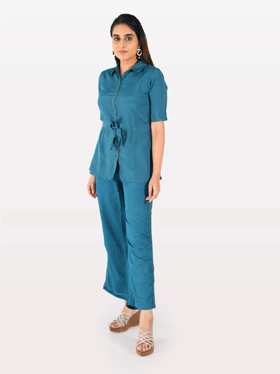 Neeru's Women Teal Solid Tunic With Trousers