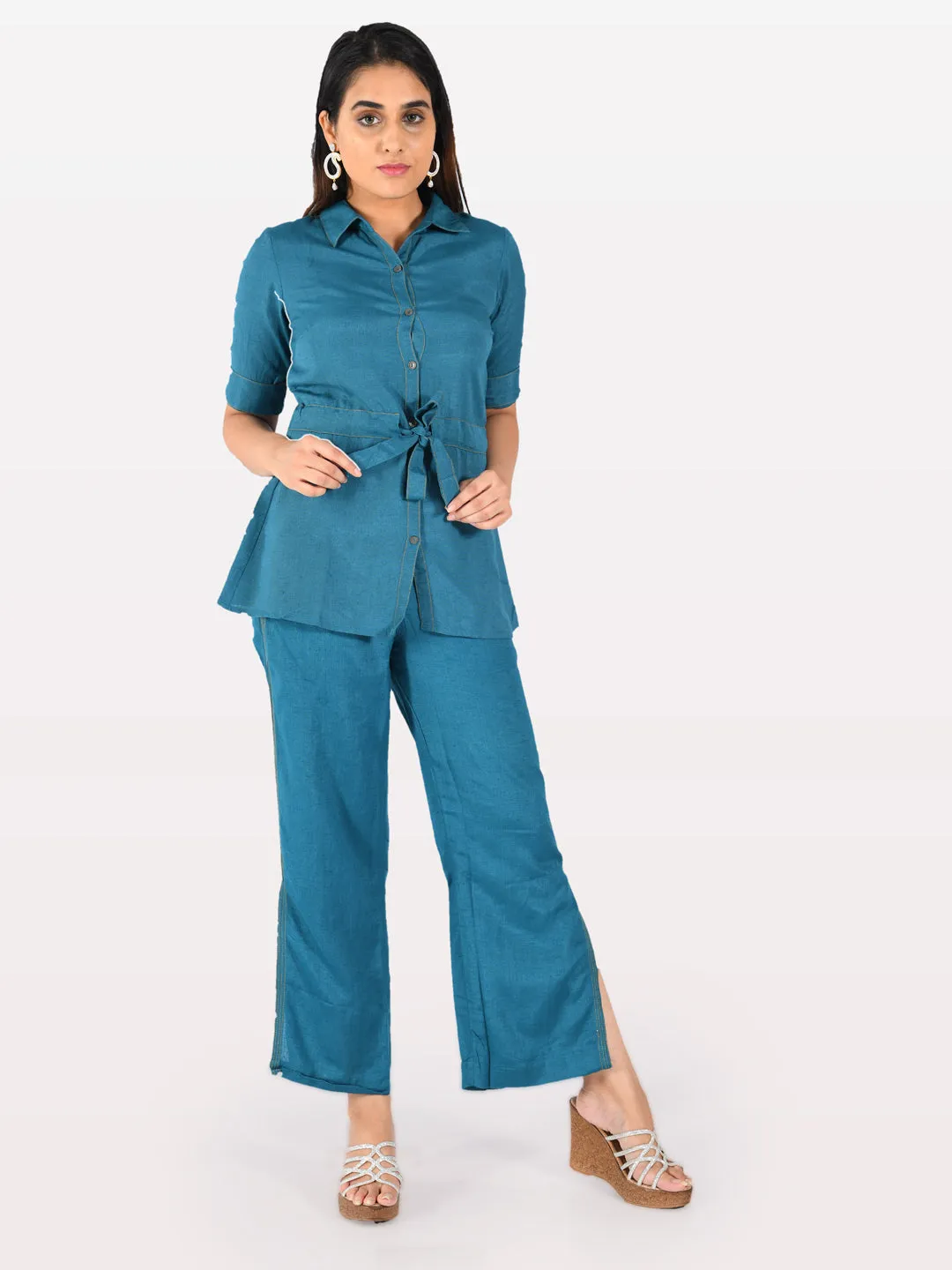 Neeru's Women Teal Solid Tunic With Trousers