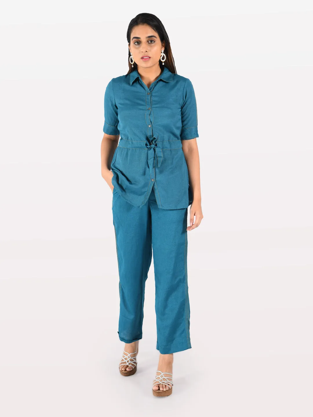 Neeru's Women Teal Solid Tunic With Trousers