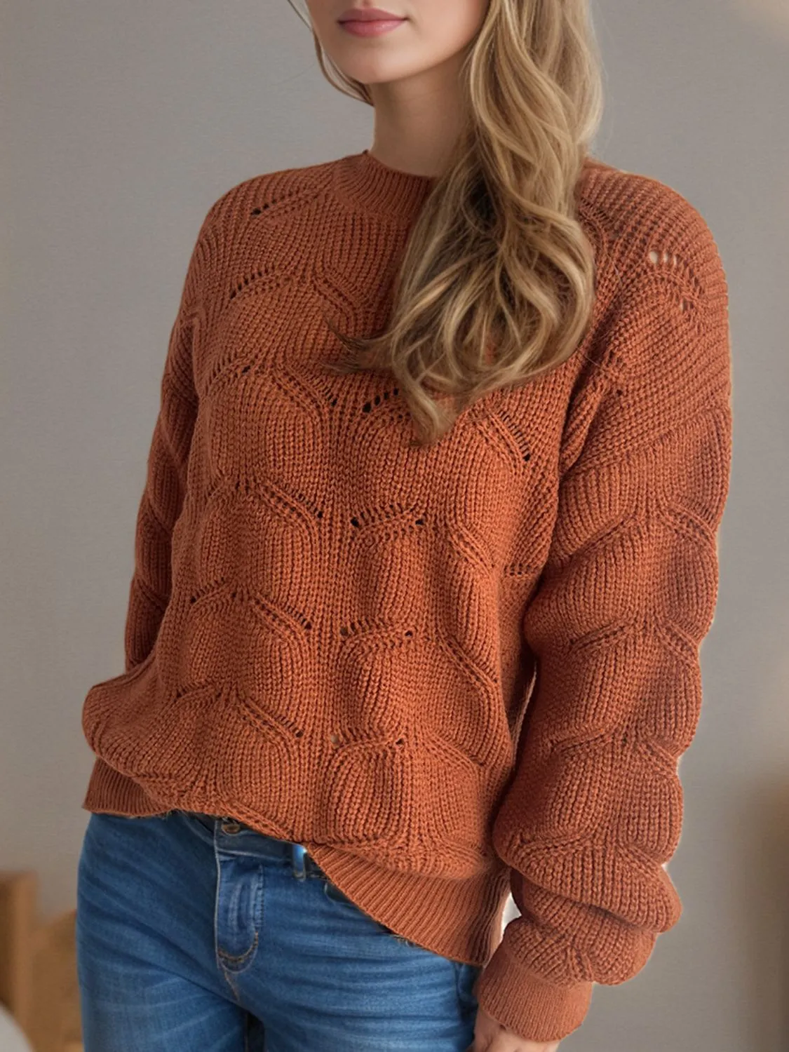 Openwork Round Neck Dropped Shoulder Sweater