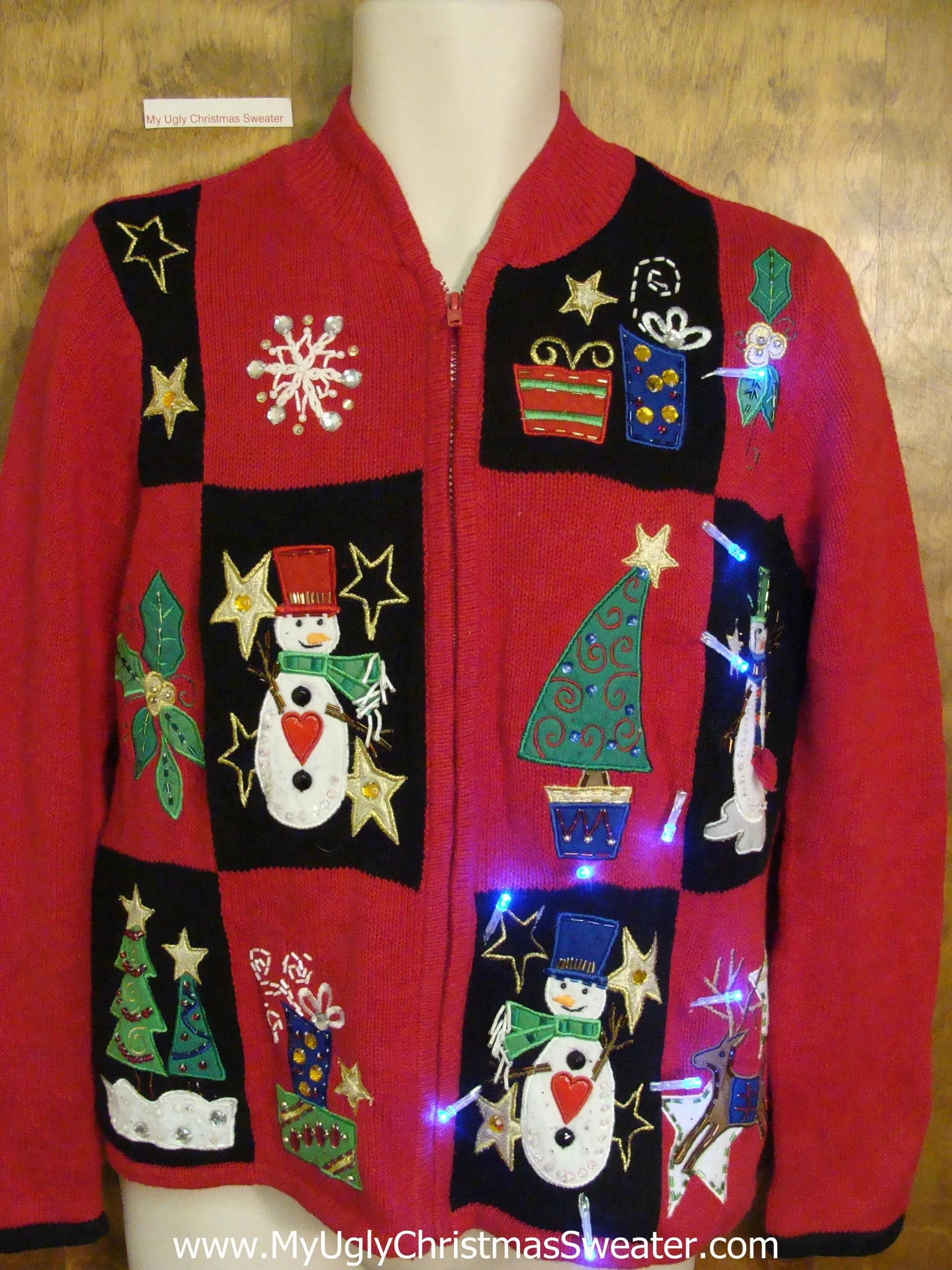 Patchwork Trees and Snowman Light Up Ugly Xmas Sweater