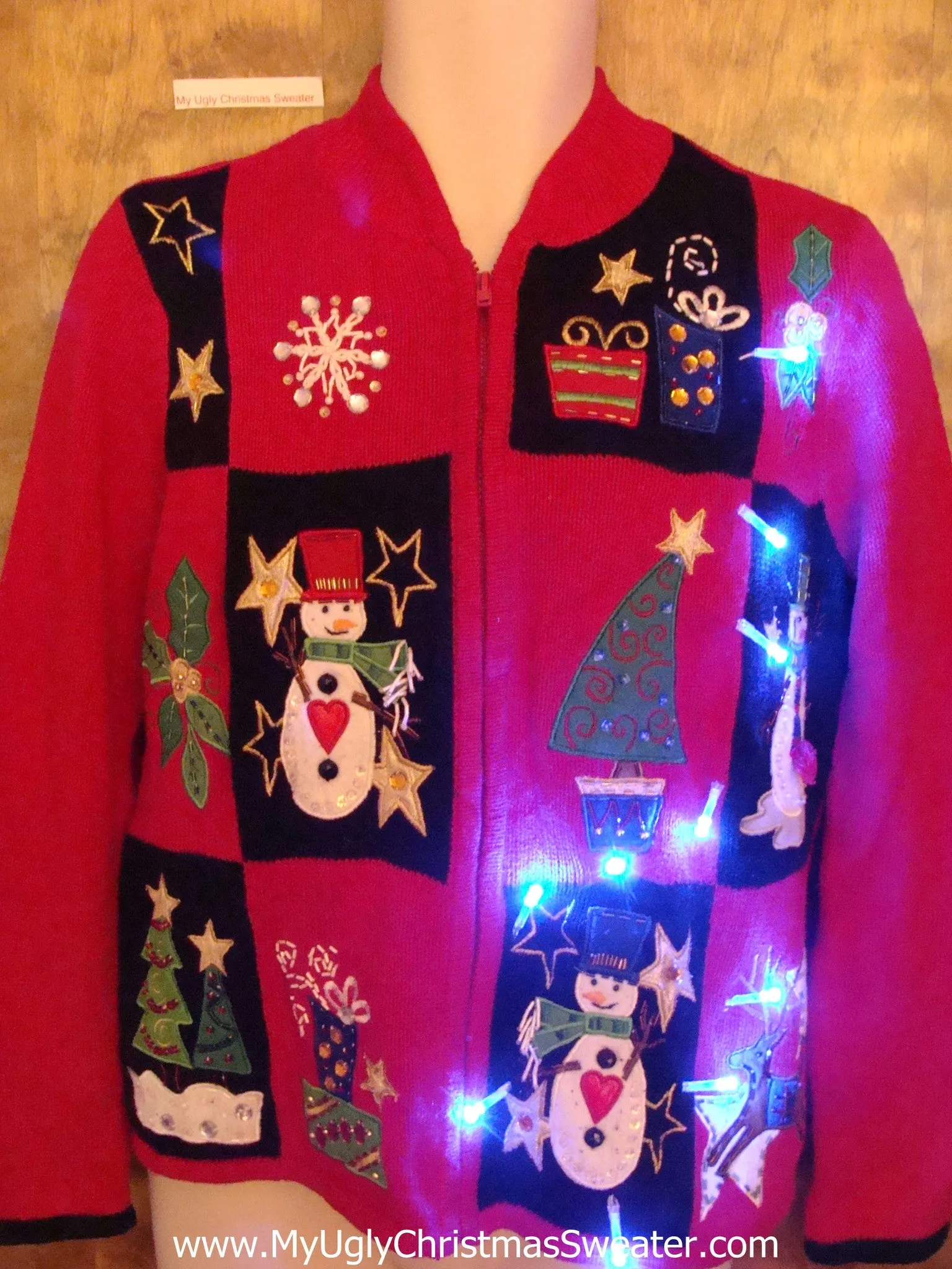 Patchwork Trees and Snowman Light Up Ugly Xmas Sweater