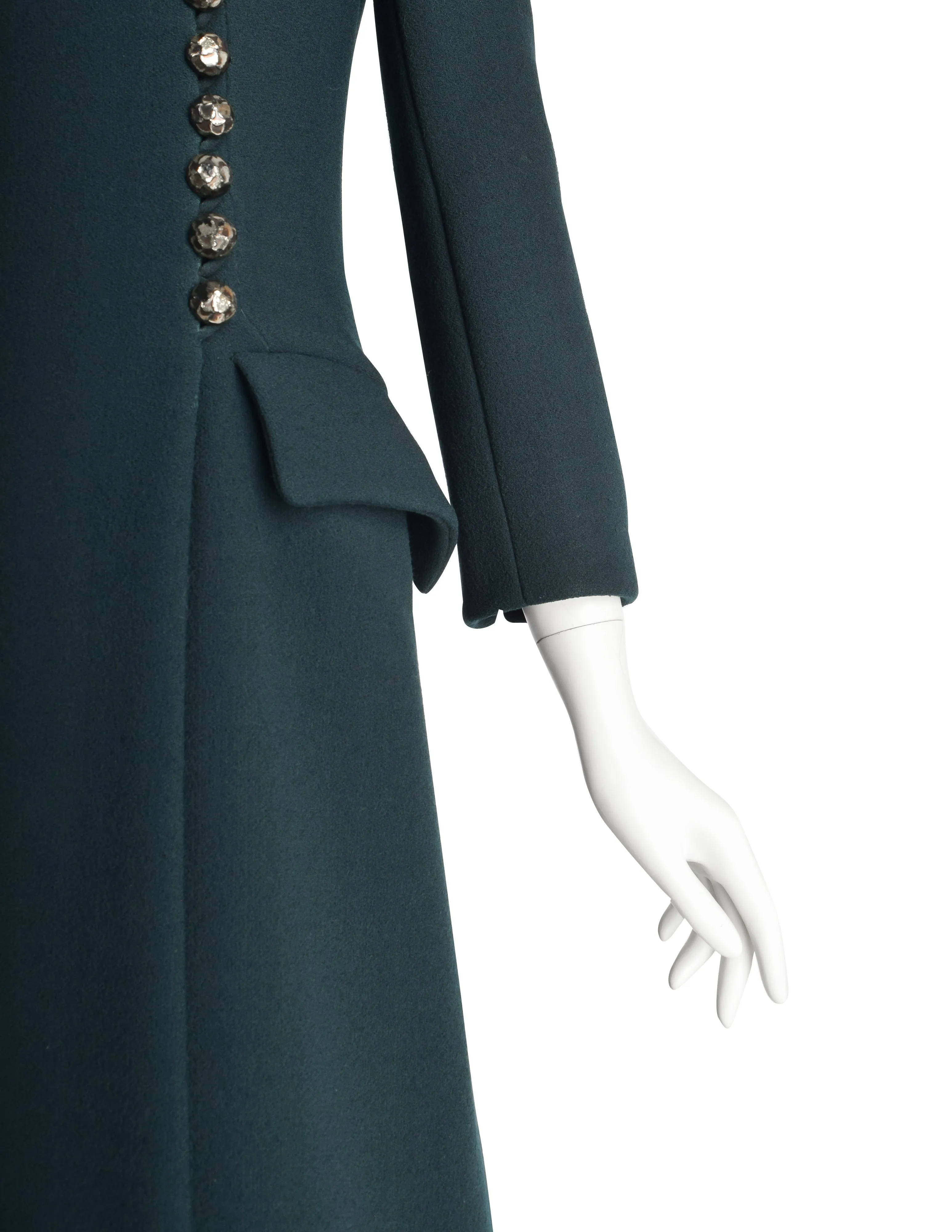 Pauline Trigere Vintage 1960s Mod Deep Green Wool Structured Full Length Coat