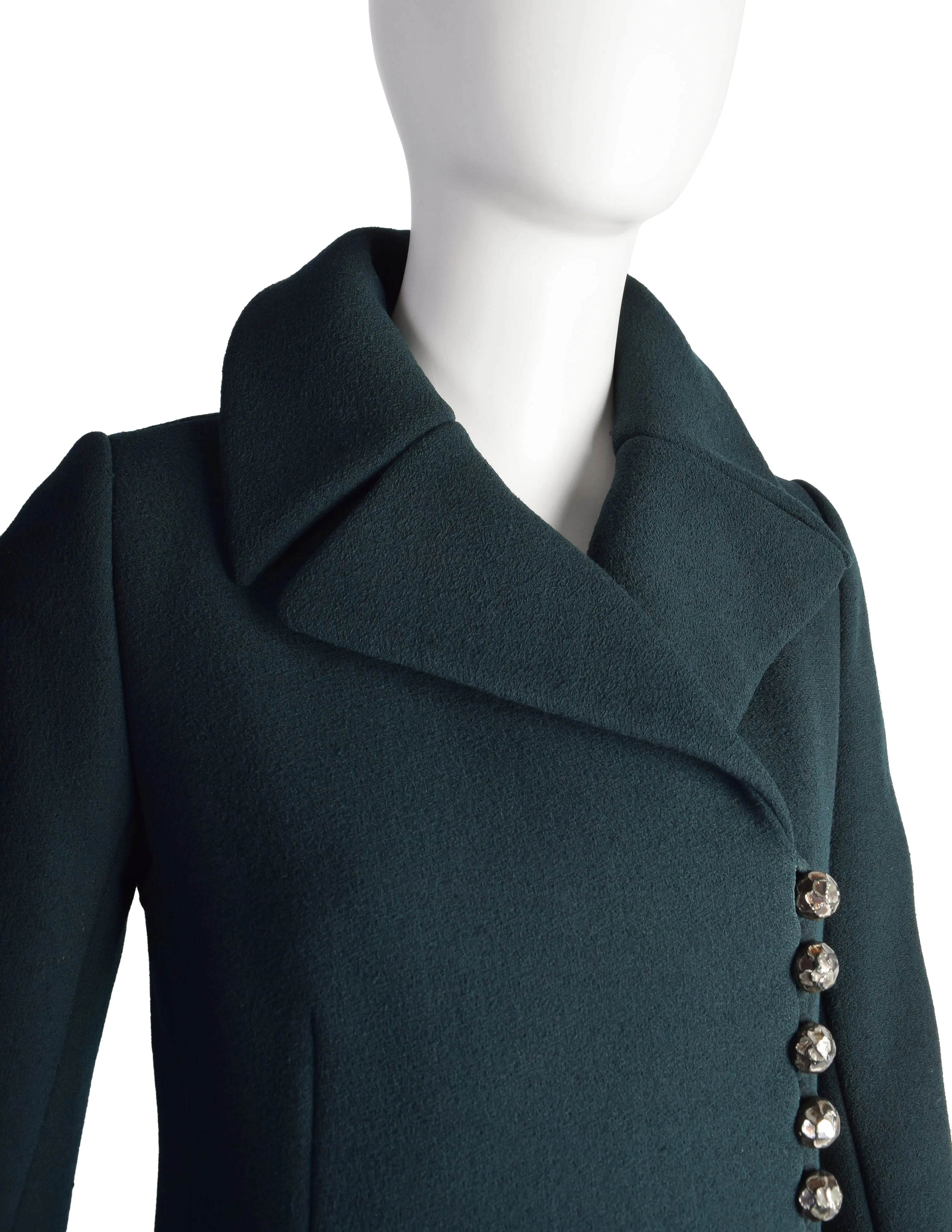 Pauline Trigere Vintage 1960s Mod Deep Green Wool Structured Full Length Coat