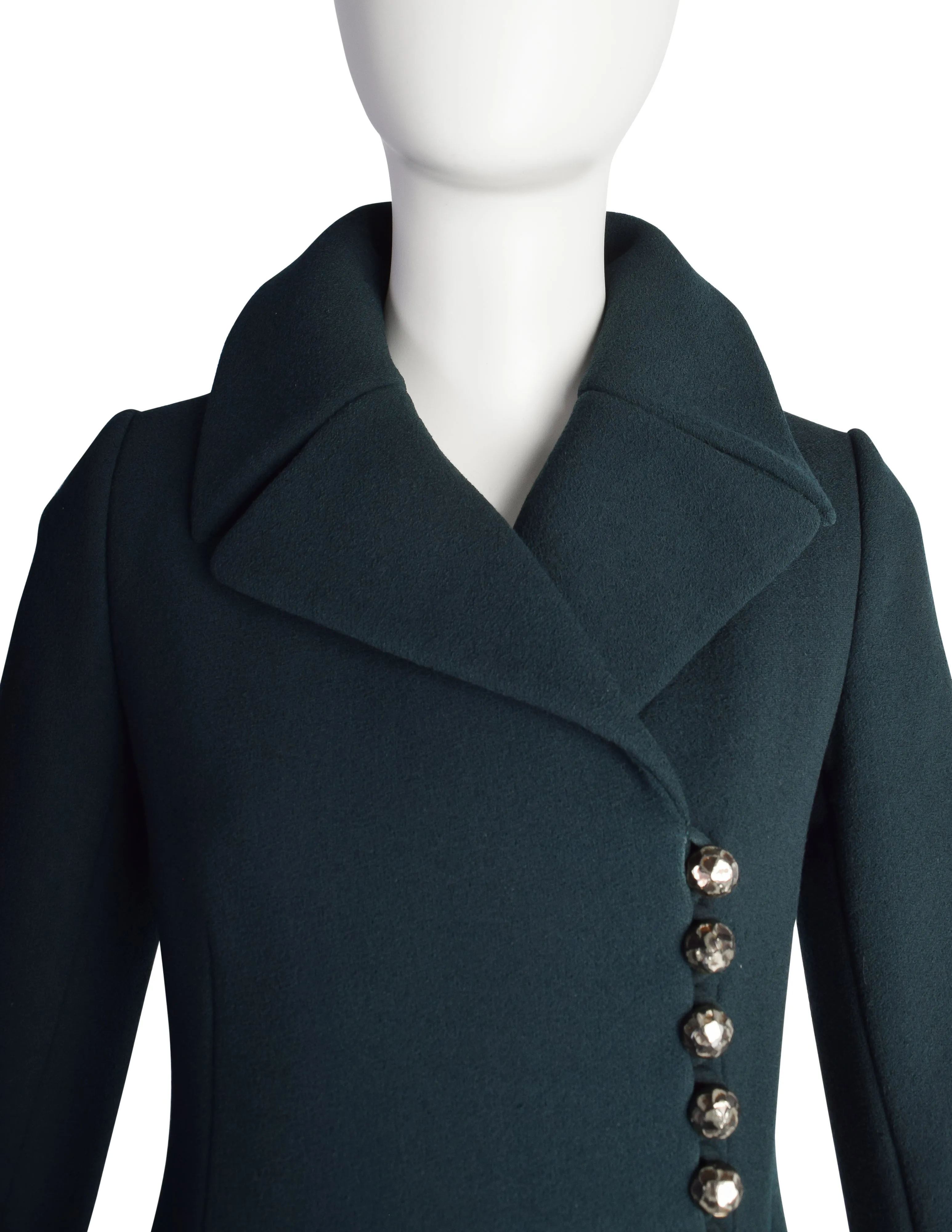 Pauline Trigere Vintage 1960s Mod Deep Green Wool Structured Full Length Coat