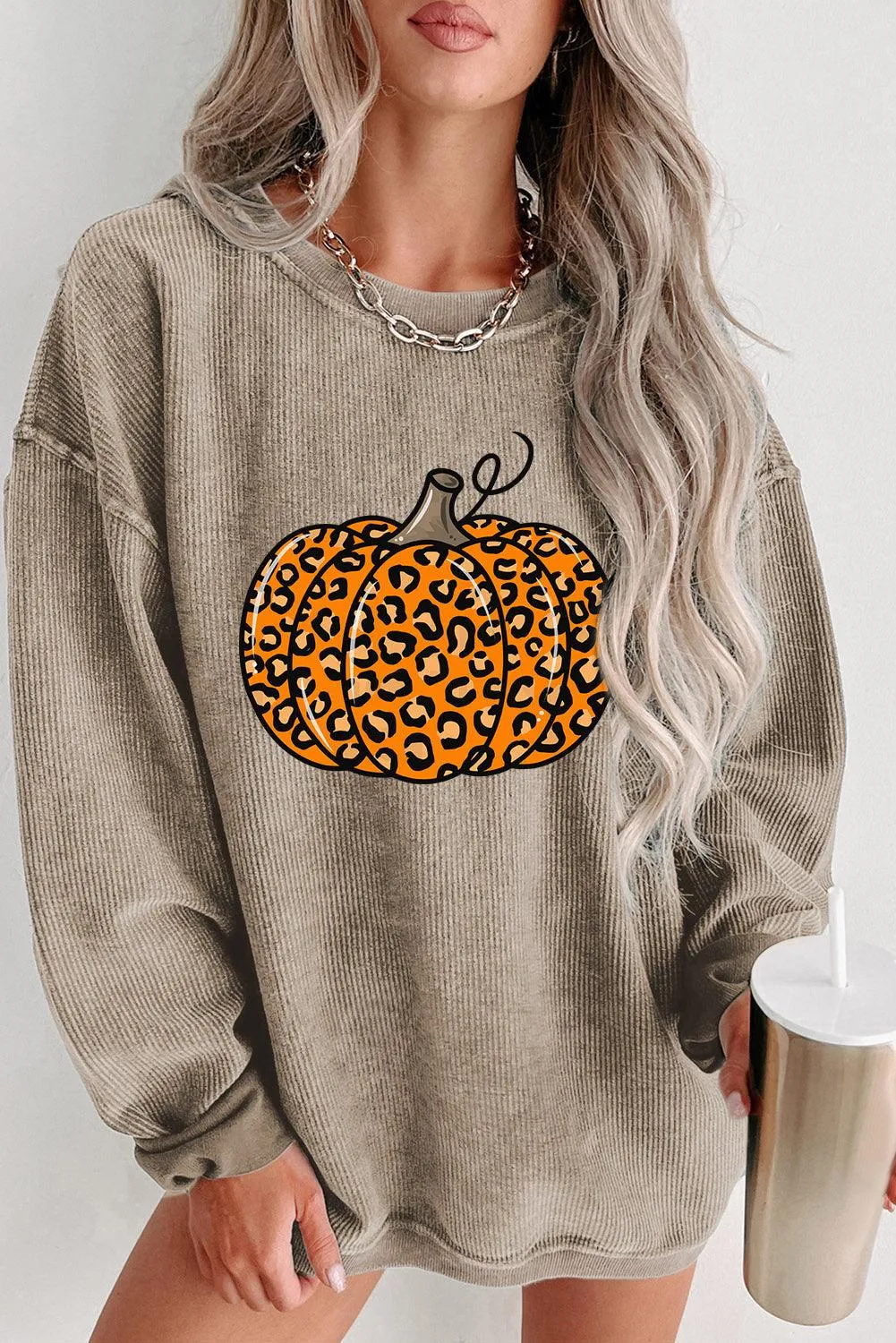 Pumpkin Orange Leopard Graphic Corduroy Sweatshirt