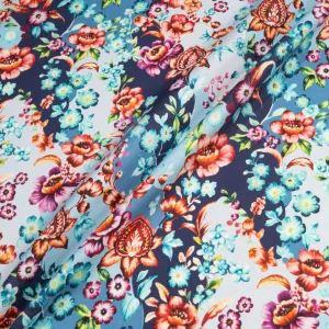 Red & Pink Floral Printed Blue Cotton & Wool Blend