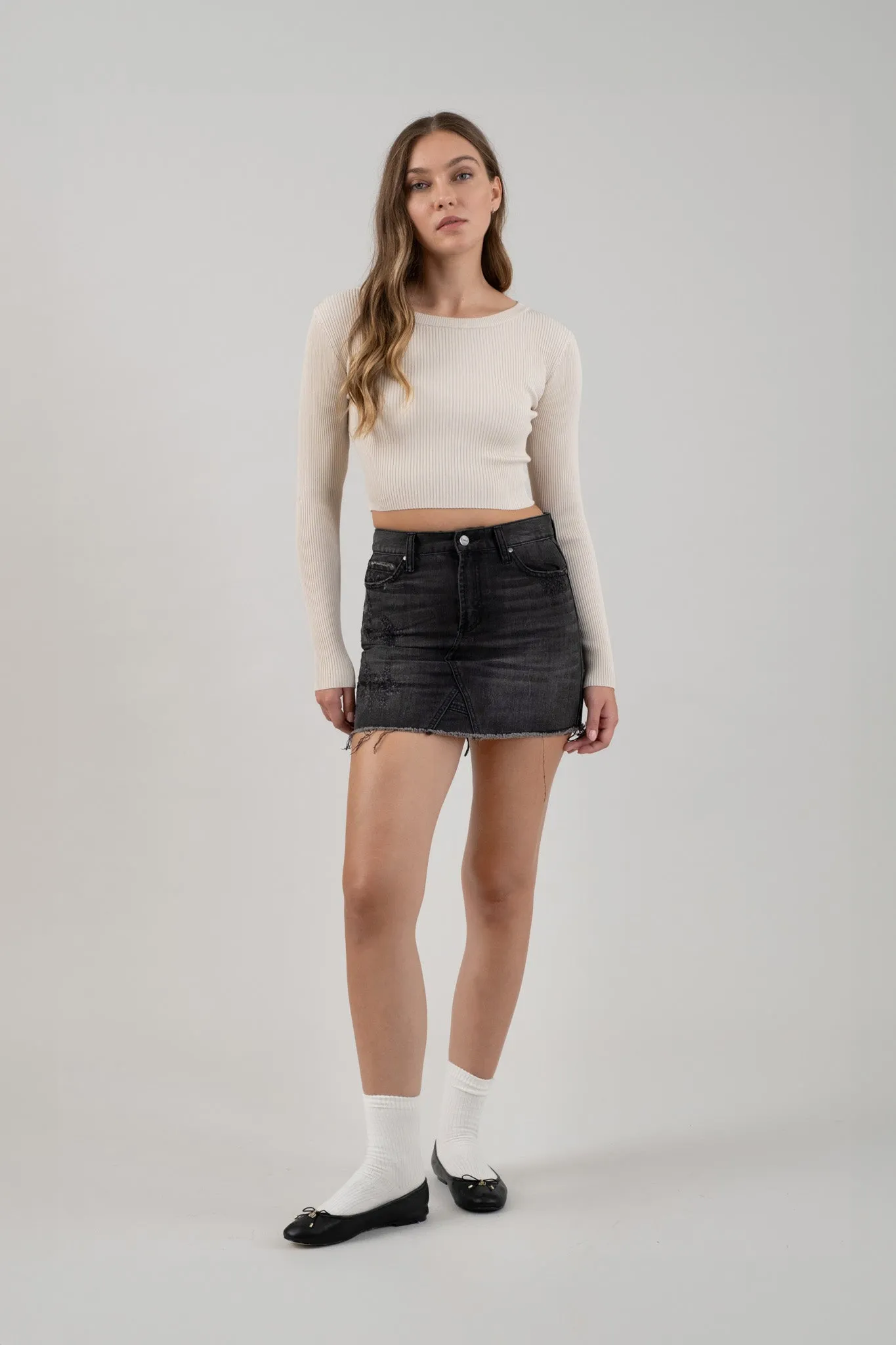 ROUND NECK LONG SLEEVE SWEATER KNIT CROP TOP