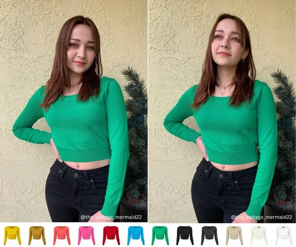 Round Neck Long Slv Crop Sweater Knit Crop Top S-XL