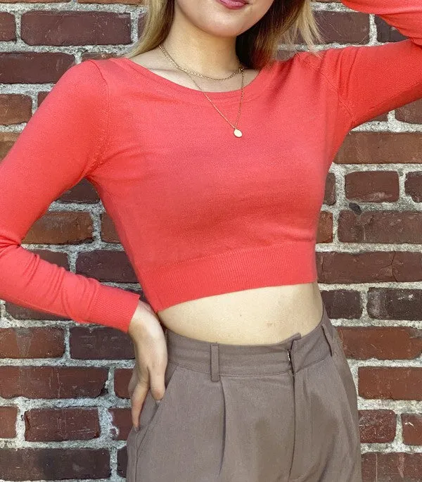 Round Neck Long Slv Crop Sweater Knit Crop Top S-XL