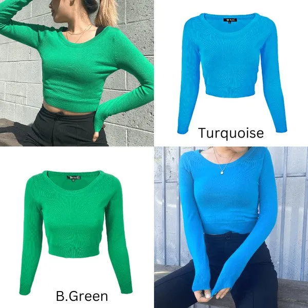 Round Neck Long Slv Crop Sweater Knit Crop Top S-XL