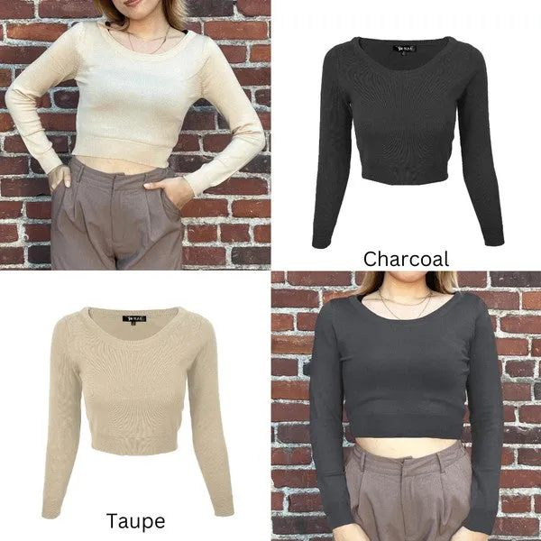 Round Neck Long Slv Crop Sweater Knit Crop Top S-XL