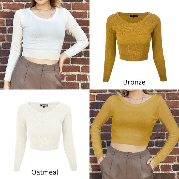 Round Neck Long Slv Crop Sweater Knit Crop Top S-XL