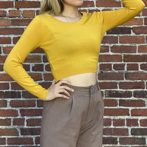 Round Neck Long Slv Crop Sweater Knit Crop Top S-XL