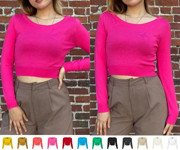 Round Neck Long Slv Crop Sweater Knit Crop Top S-XL