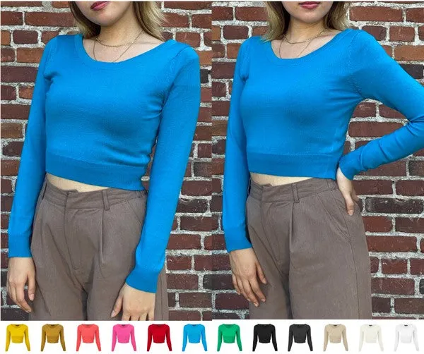 Round Neck Long Slv Crop Sweater Knit Crop Top S-XL