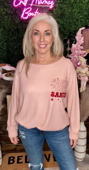 Santa Glitter Print Long Sleeve Tunic Pink