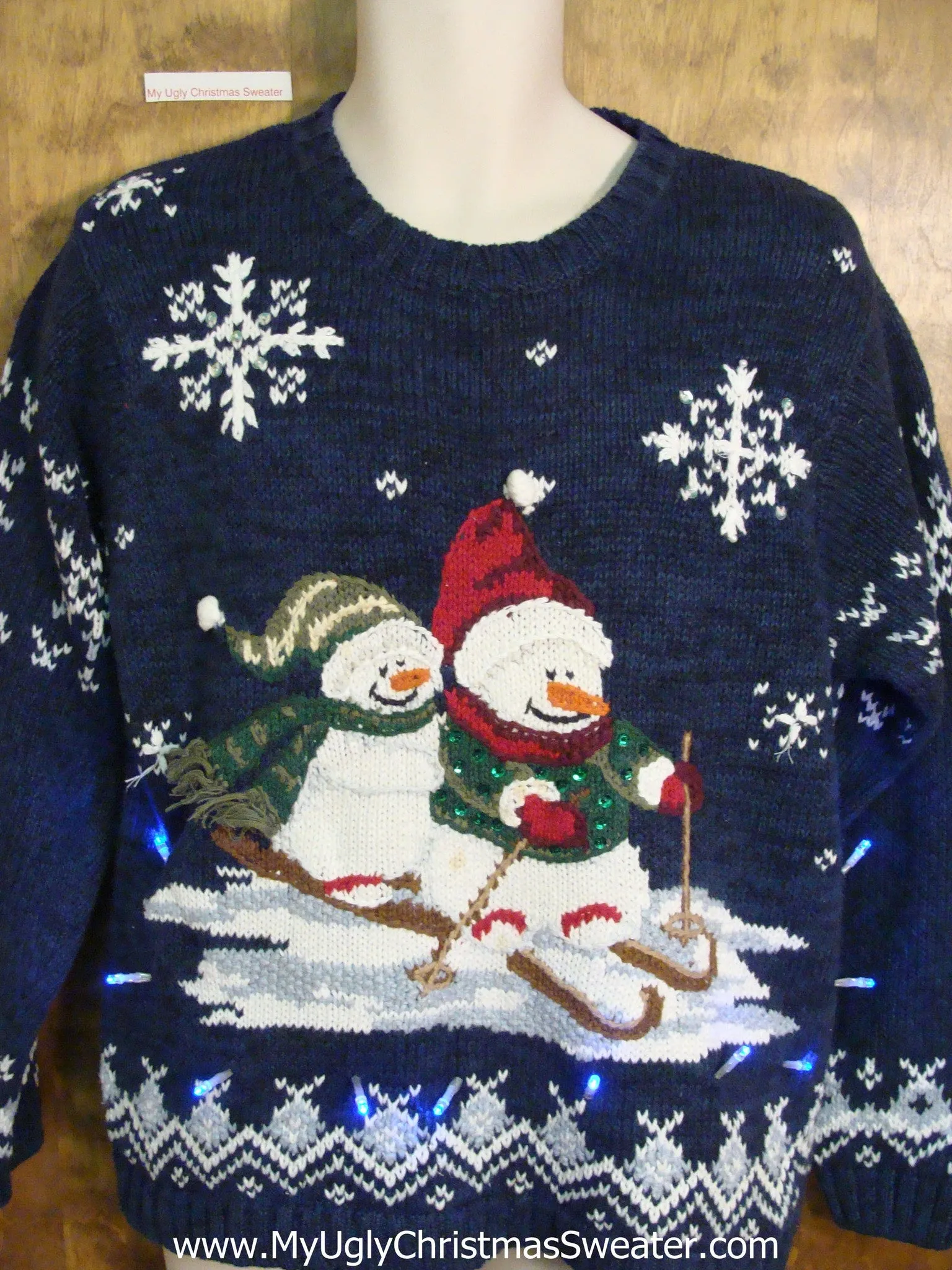 Skiing Snowmen 80s Light Up Ugly Xmas Sweater