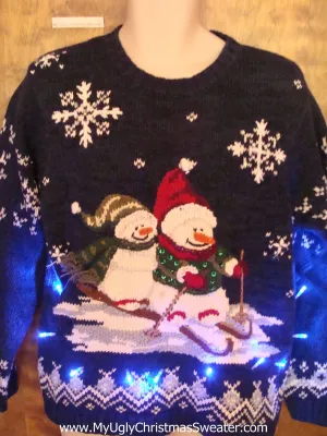 Skiing Snowmen 80s Light Up Ugly Xmas Sweater