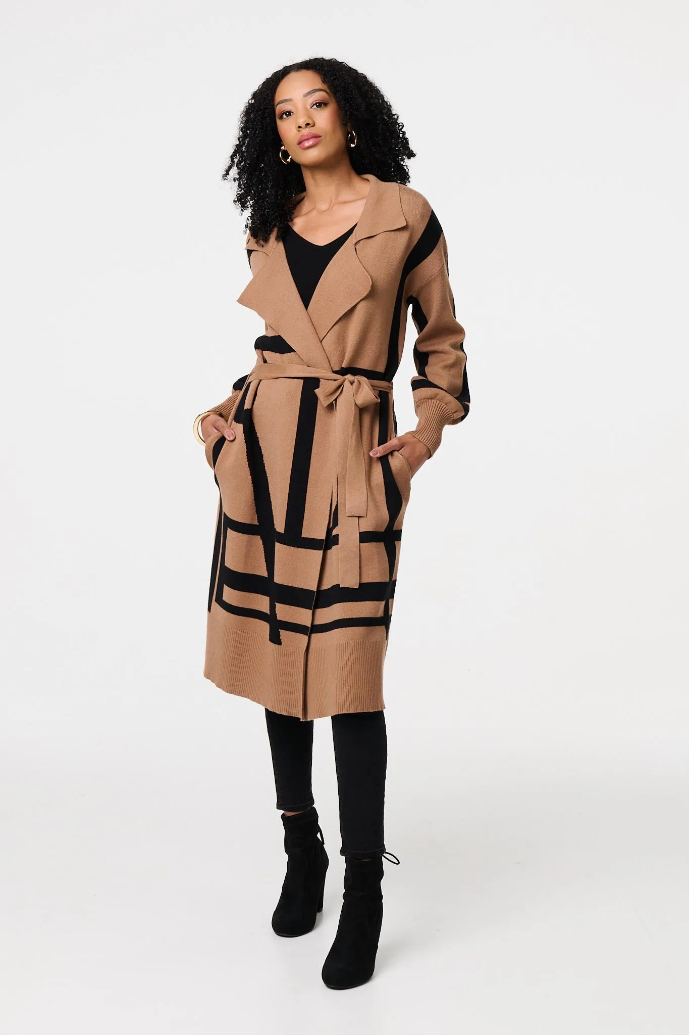 Striped Print Tie Waist Longline Coat