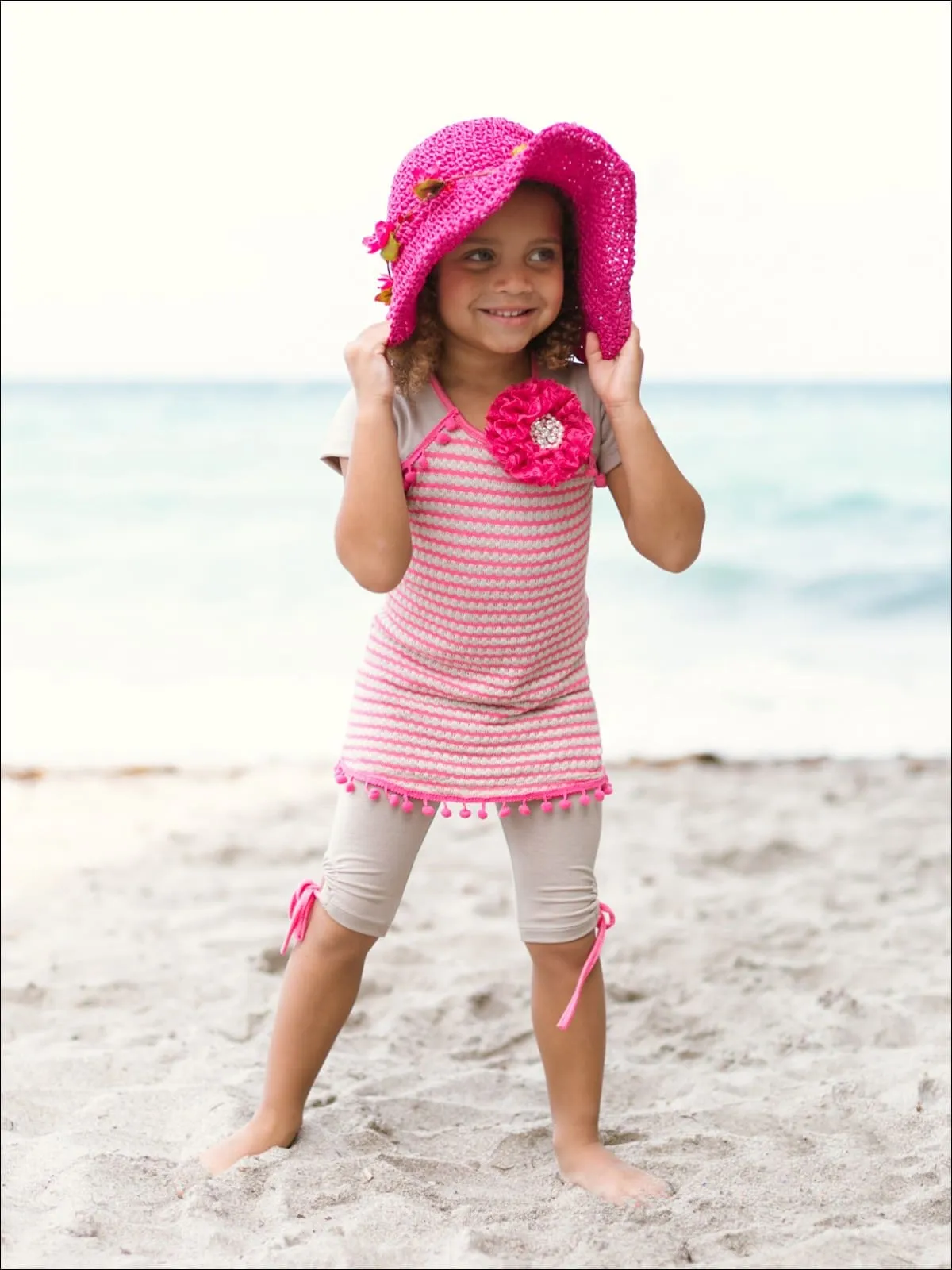 Sweet Beach Day Striped Raglan Top And Capris Legging Set