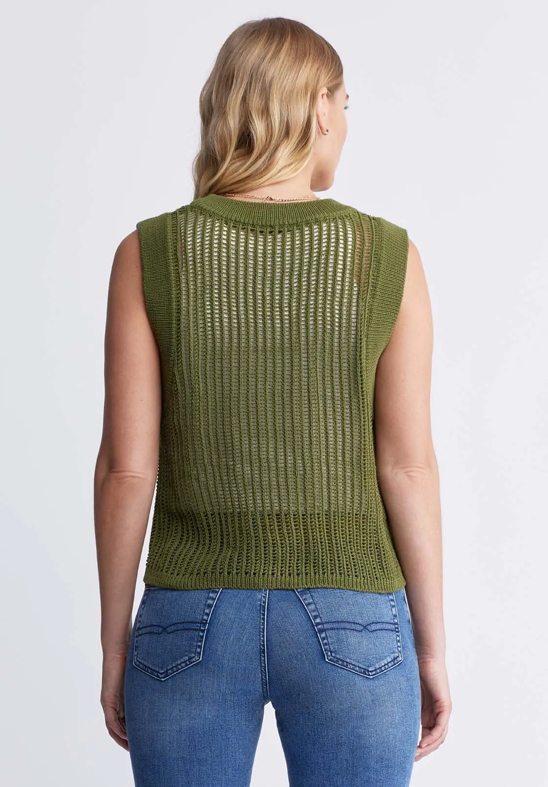 Syden Women’s Openwork Knit Tank Top in Olive Green - SW0060P