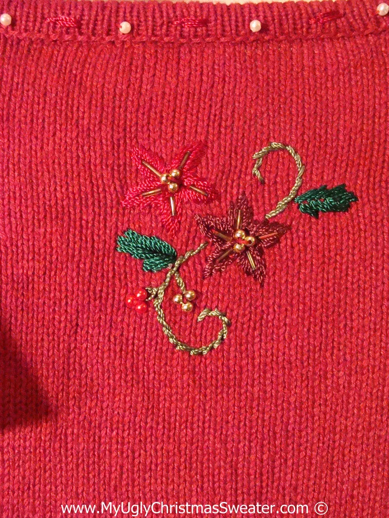 Tacky Christmas Sweater Party Ugly Sweater with Bling and Red Poinsettias (f827)