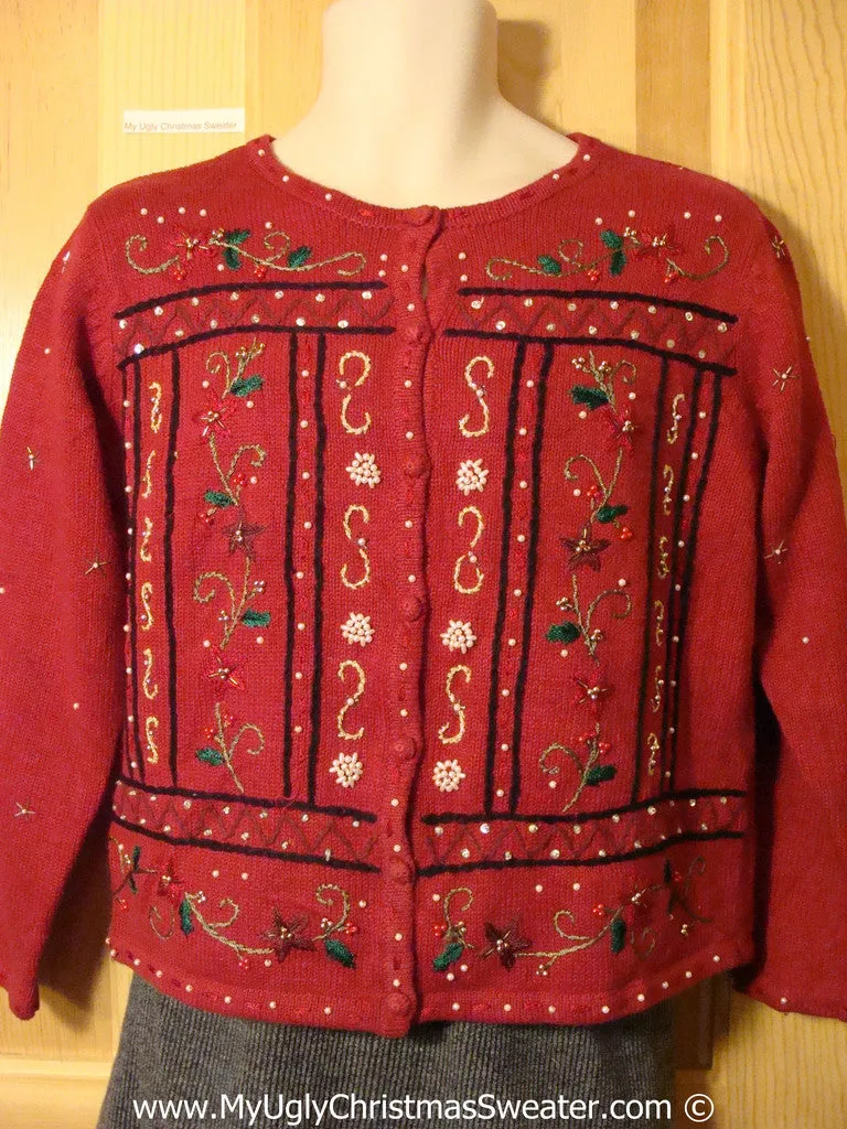 Tacky Christmas Sweater Party Ugly Sweater with Bling and Red Poinsettias (f827)