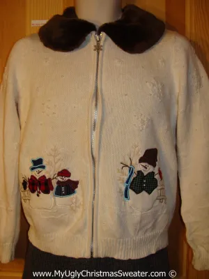 Tacky Christmas Sweater Party Ugly Sweater with Furry Collar and Bling Bead Snow Accents and  Snowmen (f980)