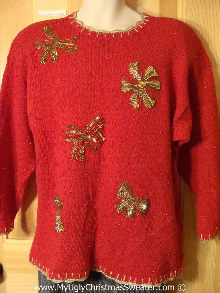 Tacky Retro 80s Cheesy Holiday Sweater with Padded Shoulders and Seriously Awful Bling Bows (f1148)