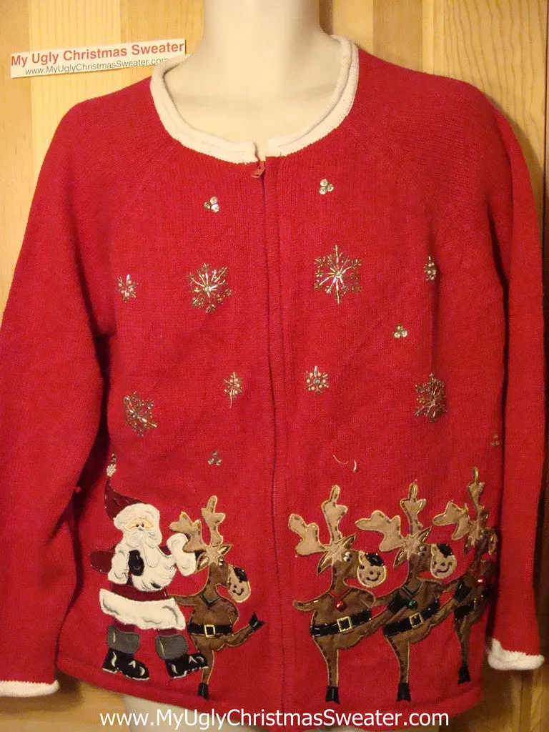 Tacky Ugly Christmas Sweater Dancing Reindeer with Santa (f70)