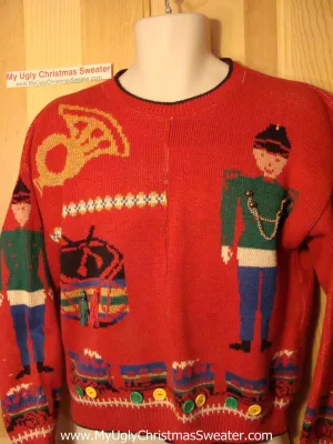 Tacky Ugly Christmas Sweater 'Holy Grail of Ugly' 80s Gem with Nutcrackers and Toys (f172)