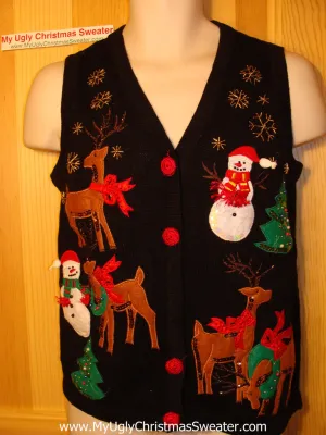 Tacky Ugly Christmas Sweater Vest with Snowmen and Reindeer and Sequens  (f36)