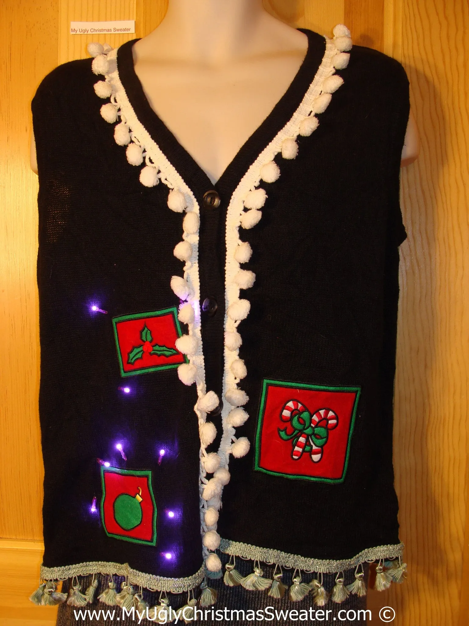 Tacky Xmas Sweater Vest with Lights Pom Pom Tassle Trim (g132)